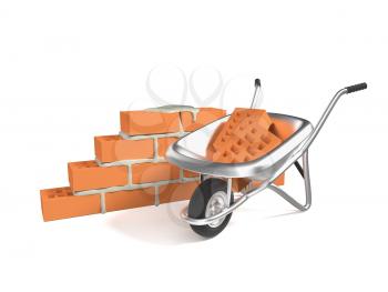 Stack of red bricks and a hand cart isolated on white background