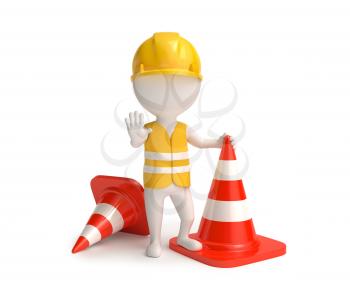 White little worker in helmet with red traffic-cones