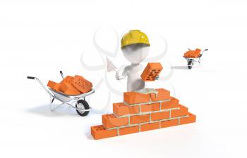 Small person - builder in the helmet with a shovel and bricks isolated on white bacground