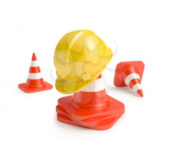 Traffic cones and helmet isolated over white