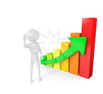 White man stand near bar graph with green arrow. 3d render isolated on white. Strategy, success, statistic concept.