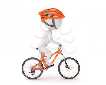 Side view of 3d man in helmet cycling over white