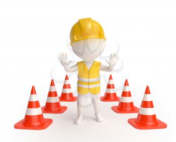 White little worker in helmet with red traffic-cones showing stop sign