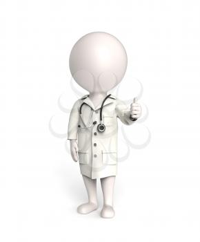 3D little white person stands as a doctor showing thumb up