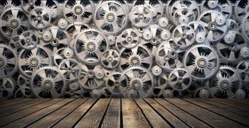 Background of 3d metal gears and cogwheels and wooden floor