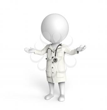 3D little white person stands as a doctor with outstretched hands
