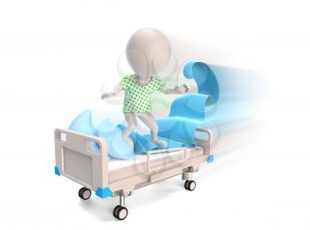 3D little person as a patient riding on medical bed isolated on white