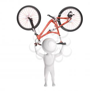 3d little man holding the bike above his head over white