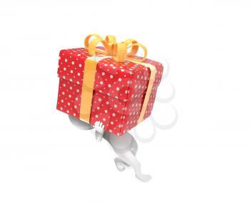 Small person carries a very hard box-gift on white background