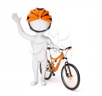3d little man in helmet standing near the bike over white