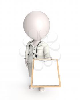 3D little white person stands as a doctor showing documents