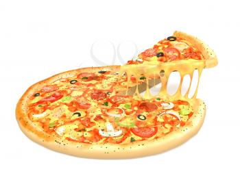 Up view of tasty pizza with one piece cut isolated on white background