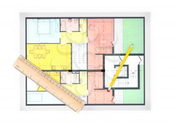 Up view of  house plan with a pencil and a ruller on white background