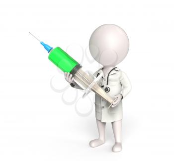 3D little white person stands as a doctor with syringe