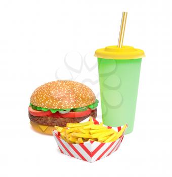 Hamburger, fries and soda isolated on white background