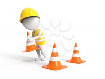 3D white littke worker in helmet with construction cones