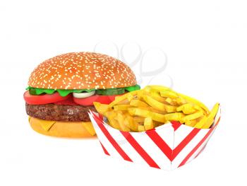 Hamburger and fries isolated on white background