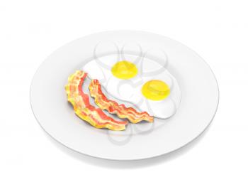 Scrambled eggs and bacon on the plate isolated on white background