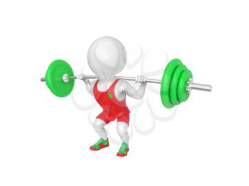 Small white weight-lifter raises the bar on white background