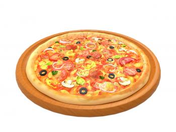 Big tasty pizza on a wooden plate isolated on white background