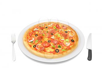 Tasty pizza on a white plate with knife and fork isolated on white background