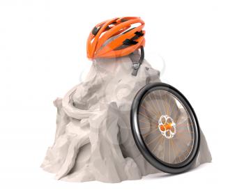 Helmet for cycling and a bike wheel in mountains over white