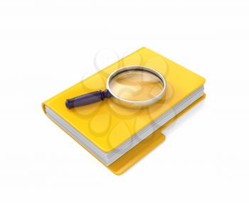 Magnifying glass lying on yellow folder isolated on white