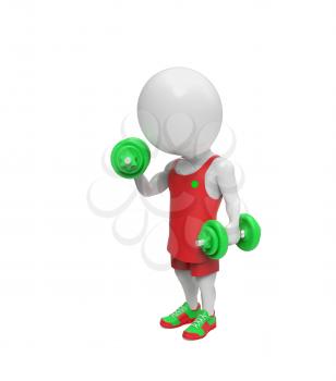 Small white person with dumbbells isolated on white background