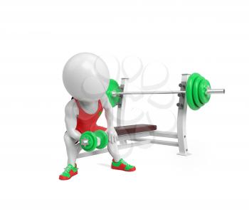 Small white person with dumbbells on white background
