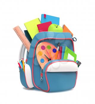 Side view of blue school backpack with pens and copybooks isolated on white background