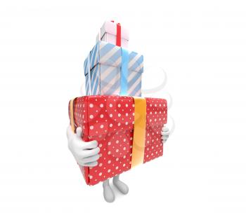 Side view os a small person carries three hard box-gifts on white background