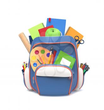 Blue school backpack with pens and copybooks isolated on white background