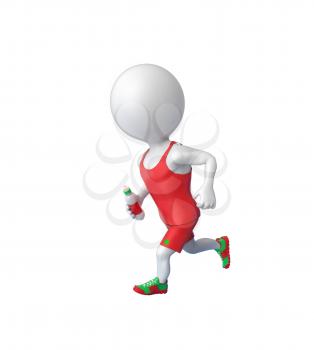 3D little white sportsman running with bottle in hand isolated over white