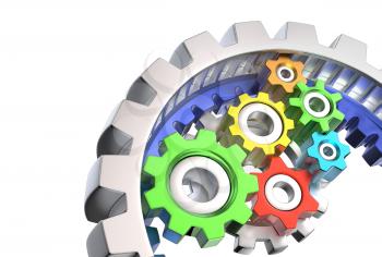 Mechanism of various colorful gears isolated on white