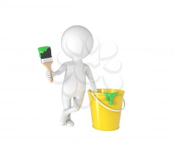 Little white person with brush and bucket of paint isolated on white background