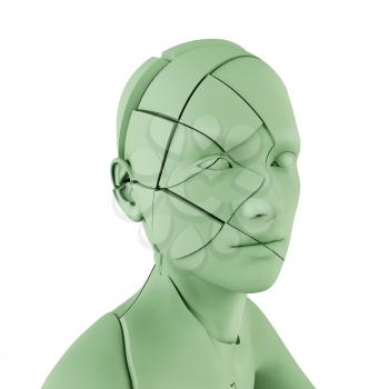 Human head with cracks on white background