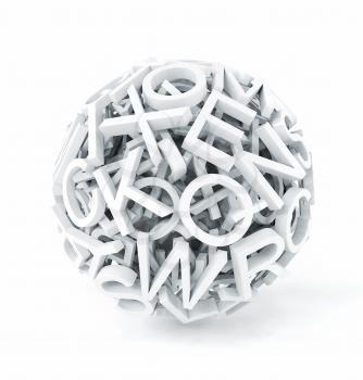 Random letters forming a sphere on white background