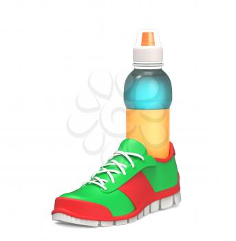 Bottle of water in the running shoe isolated on white