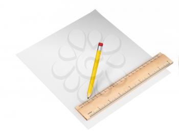 Blank paper, a ruller and a pencil over white