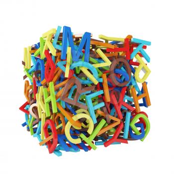 Random colorful letters forming a sphere on white background
