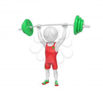 Small white weight-lifter raises the bar over white background