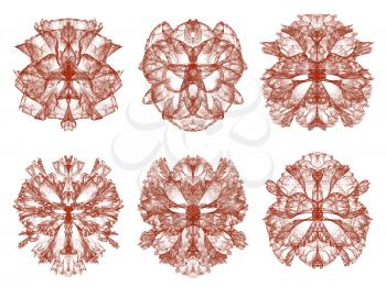Red graphical abstract round ornaments collection isolated on white background, computer rendered