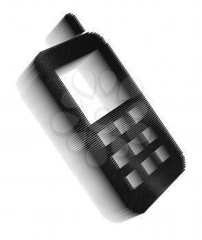 Black pixel icon-like three-dimensional image of cellphone on white background in diagonal view