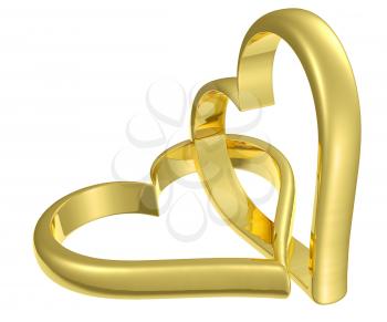 Couple of chained golden hearts isolated on white background, wedding symbol