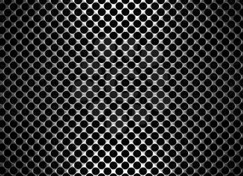 Steel grid with round holes and reflection on black background under the straight central light, abstract textured background