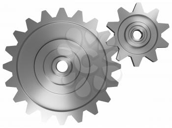 industrial and business processing and working concept: two steel interlocking cogwheels on front view over isolated white background