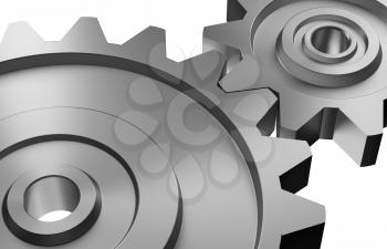 industrial and business processing and working concept: two steel interlocking cogwheels on upward diagonal over isolated white background