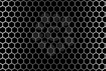 Steel grid with hexagonal holes and reflection on black background under the left and right light, abstract textured background
