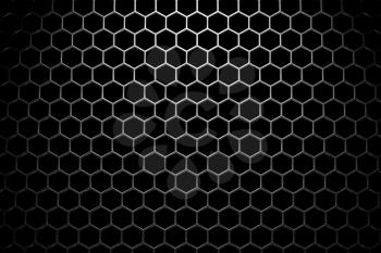 Steel grid with hexagonal holes and reflection on black background under the wide spot light, abstract textured background