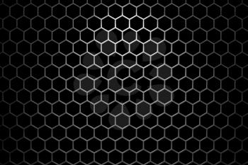 Steel grid with hexagonal holes and reflection on black background under the spot light, abstract textured background